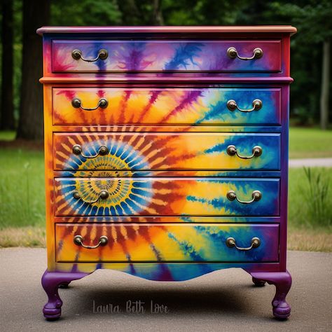 Tie Dye Furniture Painting, Hippy Painted Furniture, Painting Ideas For Dressers, How To Paint Tie Dye On Wood, Fun Painted Furniture, Tie Dye Furniture, Diy Tie Dye Paint, Diy Furniture Painting Ideas, Painted Dresser Ideas Boho