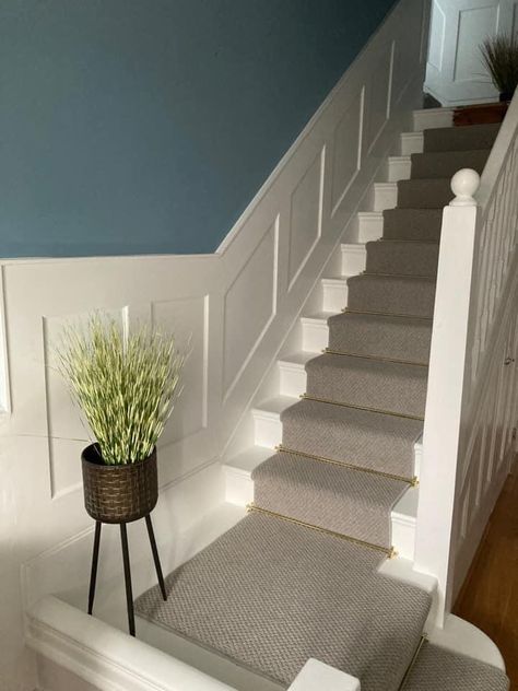 White panelling running up the stairs, neutral runner, blue walls Hallway Panelling Ideas, Neutral Hallway, Hallway Panelling, Blue Hallway, Victorian Hallway, White Stairs, Neutral Carpet, Home Stairs Design, House Stairs