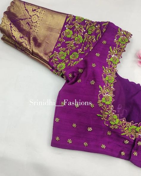 Trendy Maggam Work Blouses, Violet Blouse Maggam Work Designs, Maggam Work Blouse Designs Latest Simple Full Hands, Pattu Saree Maggam Work Designs, Maggam Cutwork Blouse Designs, Maggam Designs For Blouses, Maggam Work Designs Simple, Simple Blouse Designs For Saree Silk, Trendy Maggam Work Blouse Designs