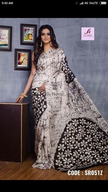 Bathic Design Saree, Silk Batik Saree, Bathik Saree, Black And White Saree, Pure Cotton Sarees, Indian Sari Dress, Cotton Saree Designs, Elegant Fashion Wear, Sari Blouse Designs