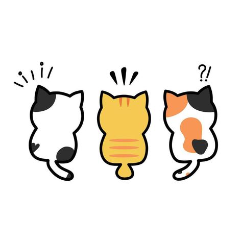 Hand Drawn Vector Art International Cat Day with Trio of Cute Cats, Cartoon Style, Illustration. Features the backs of three adorable cats - an orange tabby, a tri-color calico, and a spotted feline. Three Cats Drawing, Trio Cats, Calico Cat Tattoo, Calico Cat Illustration, Cats Cartoon, Cats Photos, International Cat Day, Cute Cats Photos, Adorable Cats