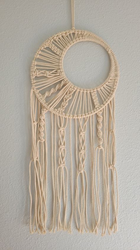 Circle hoop natural macrame witchy moon wall hanging. Handmade 2023. Macrame With Hoop, Macrame Ring Wall Hanging Tutorial, Macrame Wall Hanging Round, Macrame Circle Diy, Round Macrame Wall Hanging Diy, Macrame Around A Hoop, Macrame Hoop Diy, Macrame Circle Wall Hanging, Macrame Ring Wall Hanging