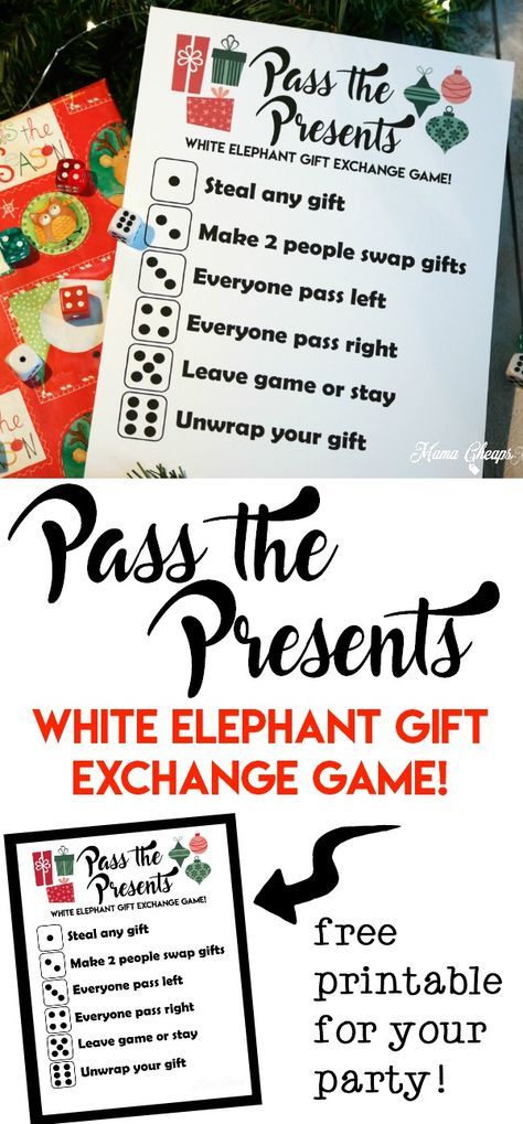 Super easy and a lot of fun!! Pass the Presents White Elephant Gift Exchange Game FREE PRINTABLE: https://www.mamacheaps.com/2017/11/pass-the-presents-white-elephant-gift-exchange-game.html Gift Exchange Game, Christmas Gift Exchange Games, White Elephant Gift Exchange, Christmas Gift Games, Xmas Games, Gift Exchange Games, Christmas Gift Exchange, White Elephant Gifts Exchange, White Elephant Gift