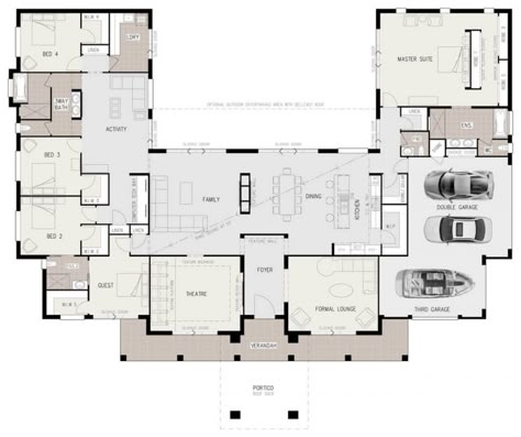 House Plan U Shape, U Shape Farmhouse, U Shaped Ranch House Plans, U Shape House, U Shaped House Plans, Acreage Living, U Shaped Houses, L Shaped House Plans, 5 Bedroom House Plans