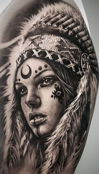 Warbonnets Tattoo, Women Indian Tattoo, Native American Chest Tattoo, Indian Tribe Tattoo, Tattoo Indian Style, Indian Tattoos For Women Native, Native American Woman Tattoo Design, Indian Woman Tattoo Design, Native American Art Tattoo