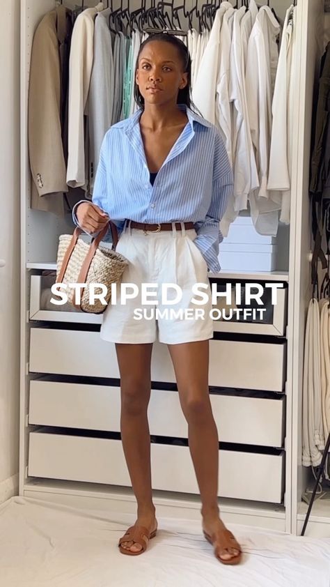 Blue And White Linen Shirt Outfit, Blue Linen Shirt Outfit Women Summer, Linen White Shorts Outfit, How To Wear Linen Shirts Women, Striped Linen Shirt Outfits, Blue And White Striped Shirt Outfit Women, Oversized Striped Shirt Outfit, Blue White Striped Shirt Outfit, City Break Outfit Summer