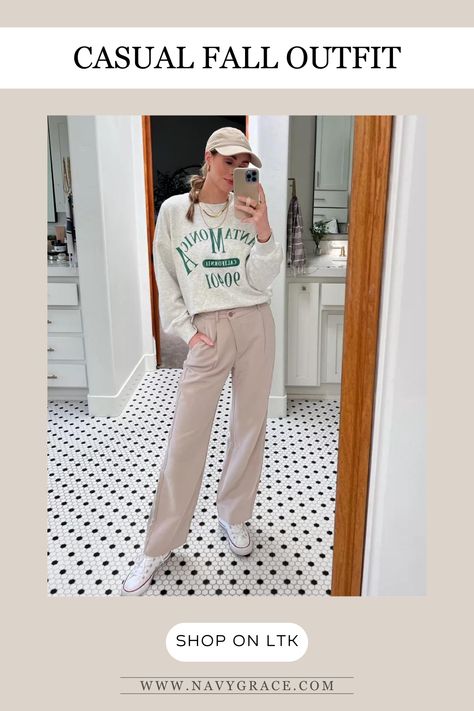 Looking for trendy and casual outfits for fall? I love styling trousers with a cute sweatshirt, sneakers and dad cap for an everyday outfit. Tap to shop and bring this fashion inspo to life! Styling Trousers, Outfits For Fall, Grace To You, Dad Cap, Cute Sweatshirts, Dad Caps, Everyday Outfit, Casual Outfit, Everyday Outfits