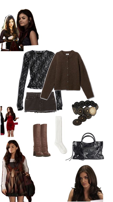 Pretty little liars inspired outfit mini skirt boots knee high socks big bag Aria Inspired Outfits, Knee Socks And Boots, The Vampire Diaries Outfits Inspired, Aria Montgomery Aesthetic Outfit, Pretty Little Liars Aria Outfits, Aria Pretty Little Liars Outfits, Aria Montgomery Outfits, Boots And Skirt, Mini Skirt Boots