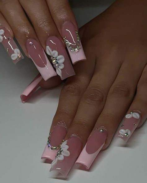 girly nailspink nail inspo3d flower nailspink acrylic nails Acrylic Nails Ideas With 3d Flowers, Light Pink Nails With 3d Flowers, Cute Medium Acrylic Nails 3d Flower, Medium Nails With 3d Flowers, 3d Flower Nails With Diamonds, Nail 3d Flowers, Long Nails With 3d Flowers, Cute Flower Acrylic Nails, Pink And White Nails With Charms