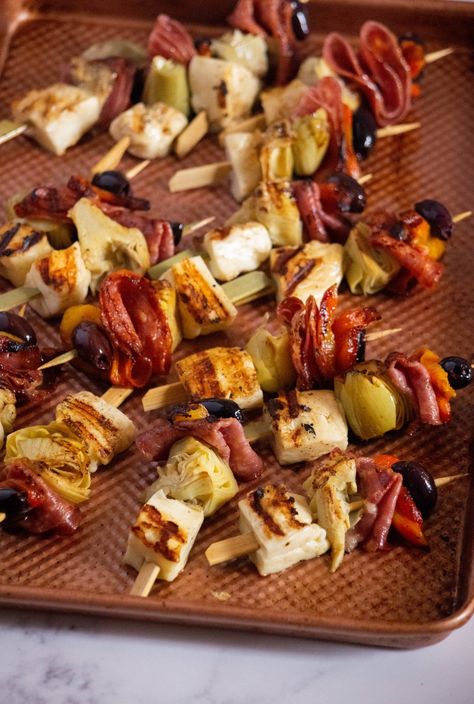 Grilled Halloumi Antipasta Skewers : Jawns I Cooked What Is Halloumi, Halloumi Skewers, Halloumi Cheese, Genoa Salami, Grilled Halloumi, Bbq Skewers, Italian Meats, Deli Meats, Kalamata Olives