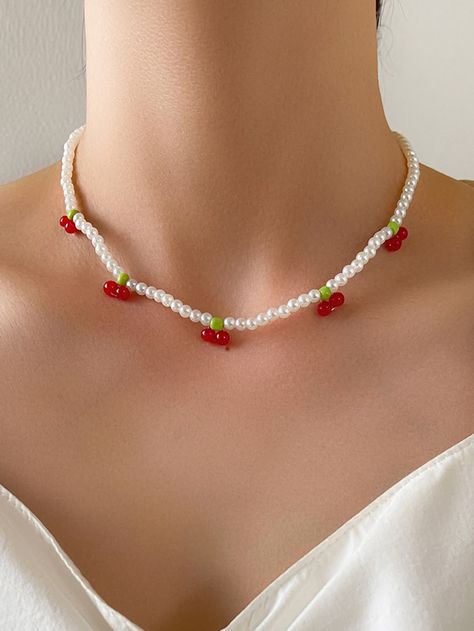 Cherry Necklace, White Cherries, Rainbow Necklace, Chain Styles, Faux Pearl, Choker Necklace, Unique Gifts, Cherry, Handmade Items