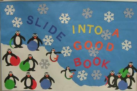 Penguin themed reading bulletin board idea for winter! http://www.mpmschoolsupplies.com/ideas/1055/slide-into-a-good-book/ Winter Boards, December Bulletin Boards, Book Bulletin Board, Literacy Week, School Library Bulletin Boards, Library Decorations, Christmas Bulletin Boards, January Bulletin Boards, Birthday Boards