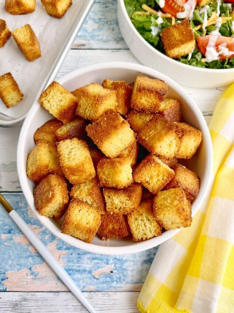 Today, we’re making Cornbread Croutons! This recipe started as a Tiktok that helped me use up some leftovers. But it was such a hit, I just had to make it blog official! Honey Butter Cornbread, How To Make Croutons, Cornbread Croutons, Salad Topping, How To Make Cornbread, Fact About Me, Oatmeal Breakfast Cookies, Breakfast Cookie Recipe, Sweet Potato Chili