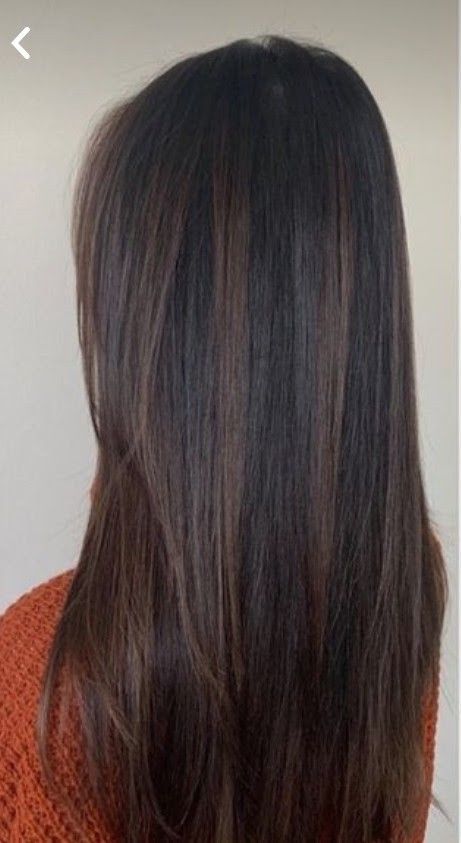 Black Hair With Balayage Straight, Black N Brown Hair, Dark Black Hair With Brown Highlights Straight, Highlights For Black Brown Hair, Black And Chestnut Hair, High Light Hair Color Ideas For Black Hair, Dark Black Hair With Brown Highlights, Soft Highlights On Black Hair, Highlights For Black Hair Asian Straight