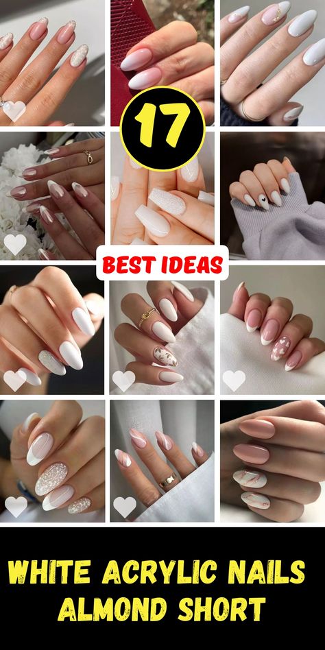 Elevate your nail game with these stunning white acrylic nails almond short designs. This collection of 17 ideas includes everything from simple elegance to intricate chrome details. Discover the perfect look for any occasion, whether you`re going for a subtle milky white or a bold pink statement. White Nail Ideas Almond, Elegant Nail Designs Almond Shape, Almond White Nails Design, Almond Nails Designs White, White Nail Designs Almond, White Almond Nail Designs, White Almond Nails With Design, Milky White Almond Nails, Matte Almond Nails