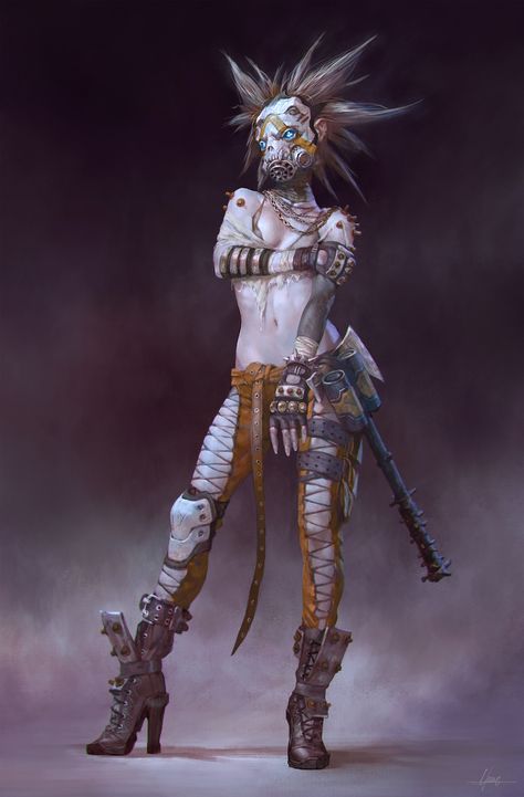 ArtStation - Psycho, Christophe Young Post Apocalyptic Punk Fashion, Borderlands Tattoo, Apocalypse Character, Borderlands Art, Art Cyberpunk, Post Apocalyptic Art, Apocalypse Art, Cyberpunk Girl, Arte Cyberpunk