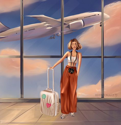 Travel Aesthetic Painting, Travel Art Drawing, Aesthetic Woman Illustration, Arabic Pictures, Travel Aesthetic Wallpaper, Travel Aesthetic Airport, Travel Anime, Best Travel Journals, Mother Daughter Art