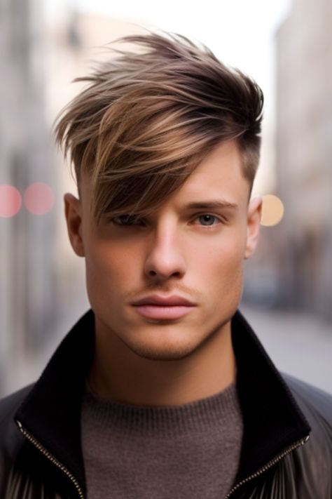 Looking for a hairstyle that stands out? An asymmetrical undercut with side-swept bangs is for you. This trendy look features a mid-fade on one side, adding a touch to your appearance. Click here to check out more best textured fringe haircuts for men. Asymmetrical Mens Haircut, Blonde Hair Texture, Cut Side Bangs, Very Short Hair Men, Emo Haircuts, Undercut Styles, Asymmetrical Hairstyles, Round Face Shape, Mens Haircuts Fade