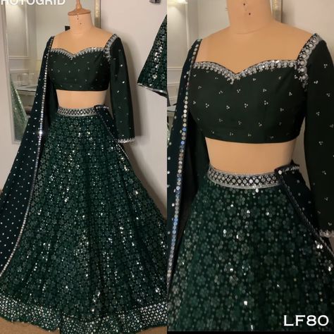 whtsapp 7405460446 Lehenga Sangeet, Shimmer Lehenga, Dark Green Lehenga, Lehenga Traditional, Top With Dupatta, Party Wear Outfits, Sangeet Lehenga, Baju Kahwin, Indian Wedding Dresses