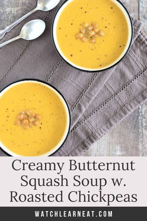 Roasting the butternut squash brings out its best flavor in this creamy, gluten-free and vegan soup. With hints of sage and thyme, this mouthwatering butternut squash soup is perfect for cozying up with all fall and winter. Add some roasted chickpeas on top for crunch! #glutenfreeveganrecipes #glutenfreedairyfreerecipes #veganrecipes Creamy Butternut Squash Soup, Butternut Squash Sage, Creamy Butternut Squash, Roasted Butternut Squash Soup, Gluten Free Vegan Recipes, Gluten Free Dairy Free Recipes, Roasted Chickpeas, Butternut Squash Soup, Squash Soup