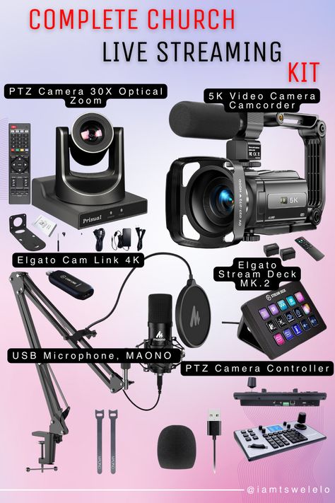 Church live streaming kit including a PTZ camera with 30X optical zoom, HDMI, 3G-SDI, USB, and IP streaming capabilities, a professional USB microphone, joystick controller, video capture card, tripod, and lighting kit. Yg Building Interior, Live Streaming Setup, Comunity Manager, Best Vlogging Camera, Photography Studio Design, Church Branding, Start Youtube Channel, Podcast Studio, Streaming Setup