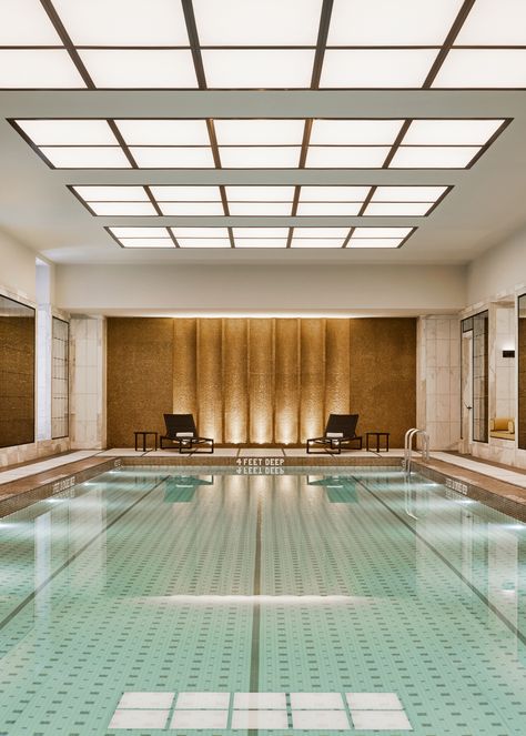 Andre Mellone Crafts Glamorous, Art Deco–Inspired Interiors at 25 Park Row - Galerie Aesthetic Basement, Basement Swimming Pool, Art Deco Pool, Spa Decor Ideas, Sitting Nook, Woolworth Building, Indoor Pool Design, Glamorous Interiors, Spa Lighting