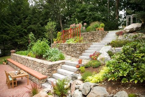 Terraced Vegetable Garden, Hillside Terrace, Terraced Garden, Seat Wall, Landscaping A Slope, Rock Walls, Sloped Yard, Sloped Backyard, Wall Seating