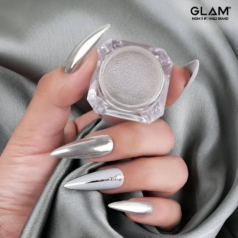 30 Chic Silver Nail Ideas To Vamp Up Your Feminity Power - 210 Chrome Nail Art Coffin, Silver Chrome And Glitter Nails, Silver And Chrome Nails, Mirror Glaze Nails, Mirror Chrome Nails Silver, Nail Designs With Chrome Powder, Mirror Nails Chrome, White Silver Chrome Nails, Silver Mirror Nails