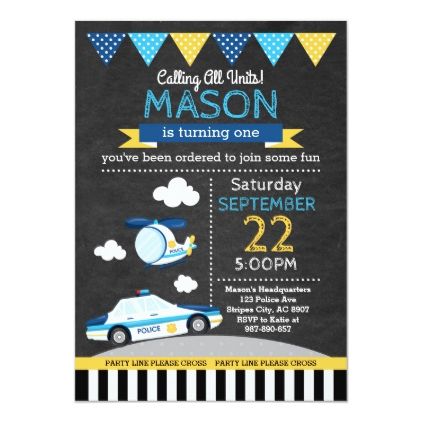 Police Units Birthday Invitation Police Birthday Invitations, Police Invitation, Baby Party Themes, Princess Birthday Party Invitations, Prince Birthday Party, Police Party, Police Birthday, Chalkboard Birthday, Kids Birthday Invitation