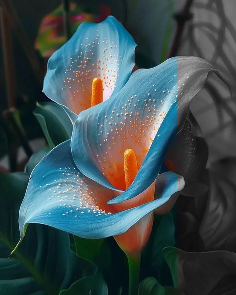 Full Color Image in ai-img-gen.com 🔸 https://s.mj 🔸 From Midjourney AI Image Blue Calla Lily, Color Image, Calla Lilies, White And Orange, In Focus, Exotic Flowers, Vibrant Blue, Vibrant Orange, Calla Lily