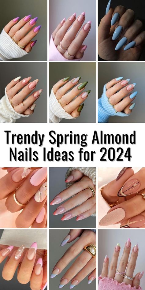 Welcome the new season with Trendy Spring Nails 2024. This collection emphasizes the elegance of the almond shape, combined with the playful charm of pink almond hues. These nails are a perfect choice for anyone looking to make a fashion statement in spring 2024. Trendy Almond Nails 2024, Almond Nails Spring Colors, Trendy Spring Nails 2024 Almond, Almond Shaped Summer Nails, Spring Almond Shaped Nails, Natural Almond Nails, Almond Nails Red, Almond Nails Designs Summer, Cute Almond Nails