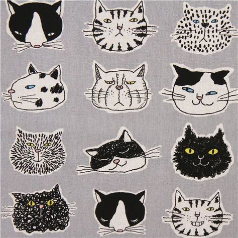 Funny Illustrated Cat Faces Doodles Fabric by Japanese Indie - modeS4u Cat Face Drawing, Face Doodles, 심플한 그림, Funny Cat Faces, Cat Faces, Face Illustration, Japanese Cat, Cat Fabric, Cat Character