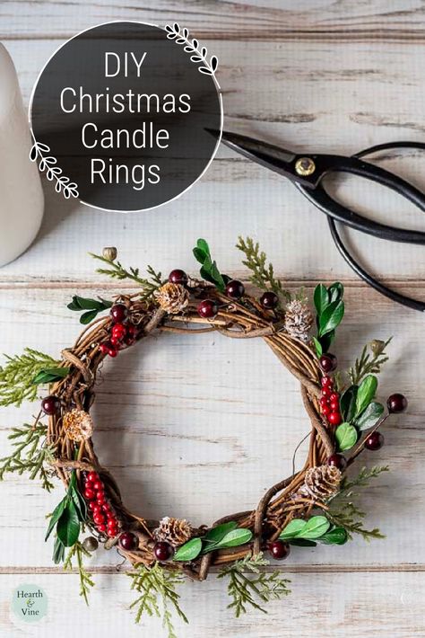 These candle rings are quick and easy to create and make a beautiful statement to your holiday table decorations. Candle Rings Diy, Candle Rings Centerpiece, Christmas Candle Rings, Christmas Candles Diy, Rings Diy, Christmas Craft Projects, Candle Table, Diy Candle, Buy Candles