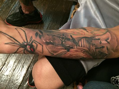 Halloween theme tattoo #spider #creepy #tattoo #detail #shading #sleeve #halfsleeve Spider Forearm Tattoo, Spider Sleeve Tattoo, Halloween Theme Tattoo, Spider Sleeve, Spider Tattoo Men, Spider Man Tattoo, Feather Tattoo For Men, Tattoo Spider, Small Dope Tattoos