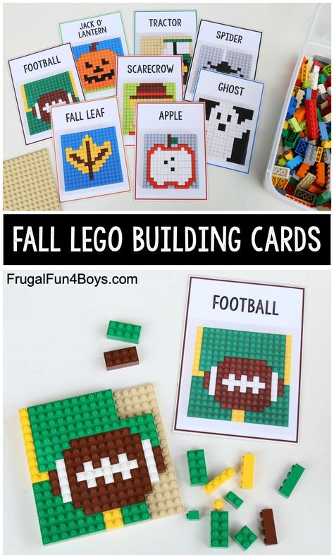 So many fun LEGO building ideas for fall! Print 8 fall LEGO patterns to build. Lego Building Cards, Lego Mosaic, Lego Challenge, Lego Education, Lego Wall, Lego Club, Lego Activities, Lego Minecraft, Kids Print