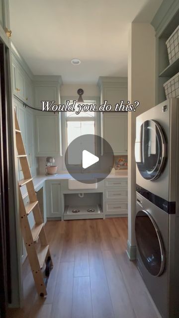 Gina Tiffany Gambatese on Instagram: "This might not be for everyone but we combined our prep kitchen and laundry room and made one larger multipurpose space.  I call it my office but I think the official term is scullery.

The sink and counter wall and pantry wall act as kitchen overflow and everything else is laundry and cleaning related. If we had the square footage in our footprint to have two separate designated areas I’m not sure I’d change it. It makes life super easy to have everything in one place!  Theres even a spot for our pup to eat and take a nap! 

💫I’ll be featuring this space more in the coming weeks as we do a diy backsplash and add a little pop of interest to the ceiling. Follow @building_maple to see the finished product🤍🩵🏡

#homedesign #customhomes #laudryroomdecor Scullery Laundry Combined, Over The Door Ironing Board, Door Ironing Board, Multipurpose Space, Kitchen And Laundry Room, Inset Cabinetry, Rolling Ladder, Dog Feeding Station, Inset Cabinets