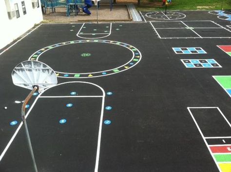 Painted playground -- like the numbered  discs challenge at each hoop Painted Playground, Playground Plans, Yard Crashers, Pe Ideas, Basketball Courts, School Playground, Playground Design, School Yard, Physical Education