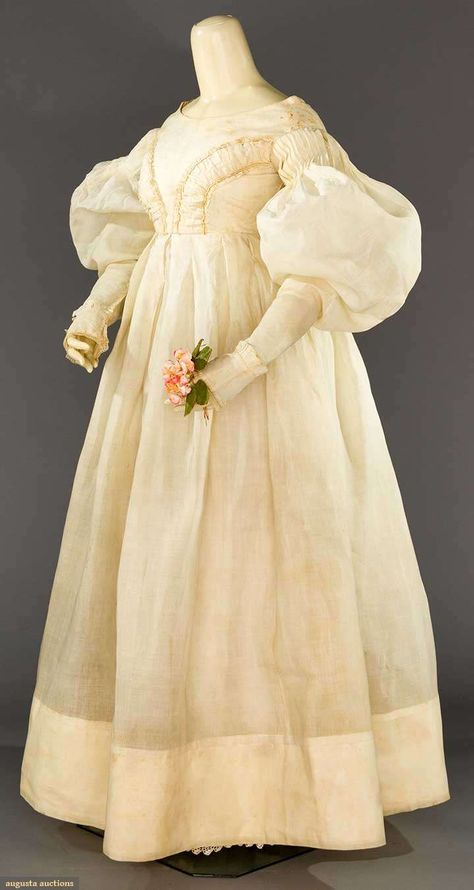 late-1830s Organdy Summer gown Romanticism Fashion, 1830s Dress, 1800s Dresses, Empire Gown, Summer Gown, Historical Gowns, Box Pleated Skirt, Period Fashion, 1830s Fashion