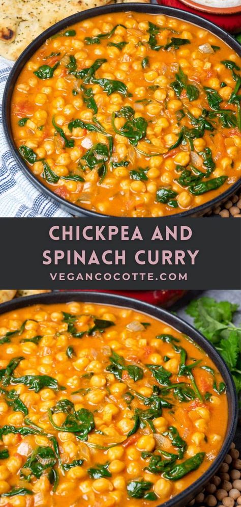 Chickpeas And Kale Recipe, Chickpea Tomato Spinach Curry, Spinach And Chickpeas Recipes, Curried Chickpea Stew, Sprouted Chickpea Recipes, Chickpea And Kale Curry, Chickpeas With Spinach, Chickpea Green Curry, Spinach And Garbanzo Beans Recipe