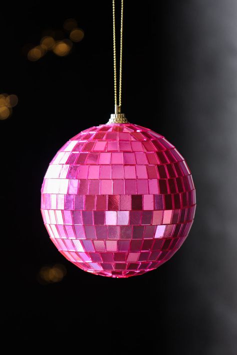 Lifestyle image of the Hot Pink Disco Ball Christmas Decoration Hot Pink Christmas Aesthetic, Hot Pink Disco Ball, Pink Mirrors, Disco Strawberry, Disco Ball Christmas, Hot Pink Christmas, Magical Mirror, Disco Christmas, Pink Christmas Tree Decorations