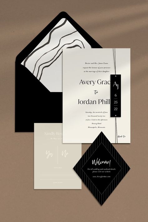 Personalize this invitation suite with your own color palette, wording, and print method for an invitation that is perfectly you! Masculine Invitation Design, Black And White Branding, Unique Wedding Invitations Elegant, Wedding Invitations Black And White, Wedding Invatations, Elegant Envelope, Square Wedding Invitations, Event Stationery, Creative Design Studio