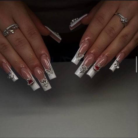 French Tip Nails With Charms, White French Tip Nails, Nails With Charms, White French Tip, Tip Nails, White French, French Tip Nails, Nail Tips, Charms