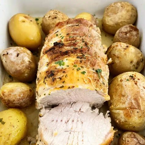 Roast pork loin and potatoes Roasted Pork And Potatoes, Oven Roasted Pork Loin With Potatoes And Carrots, Pork Loin And Potatoes Oven, Pork Loin And Potatoes, Pork Casseroles, Crockpot Potluck, Oven Roasted Pork Loin, Pork Loin Oven, Carrots In Oven