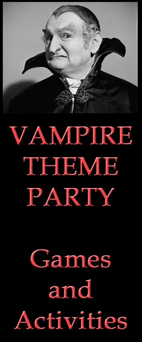 Vampire theme party games and activities Vampire Games Halloween Party, Gothic Party Games, Vampire Party Games, Diy Vampire Decorations, Vampire Decorations Party Ideas, Vampire Party Ideas, Vampire Dinner Party, Themed Halloween Party Ideas, Vampire Decorations