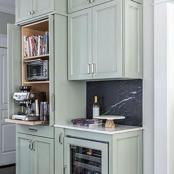 Pull Out Shelf Under Toaster Oven Design Ideas No Upper Cabinets, Green Kitchen Island, Green Kitchen Designs, Transitional Kitchen Design, Upper Kitchen Cabinets, Green Kitchen Cabinets, Shaker Kitchen Cabinets, Kitchen Cabinets Decor, White Marble Countertops