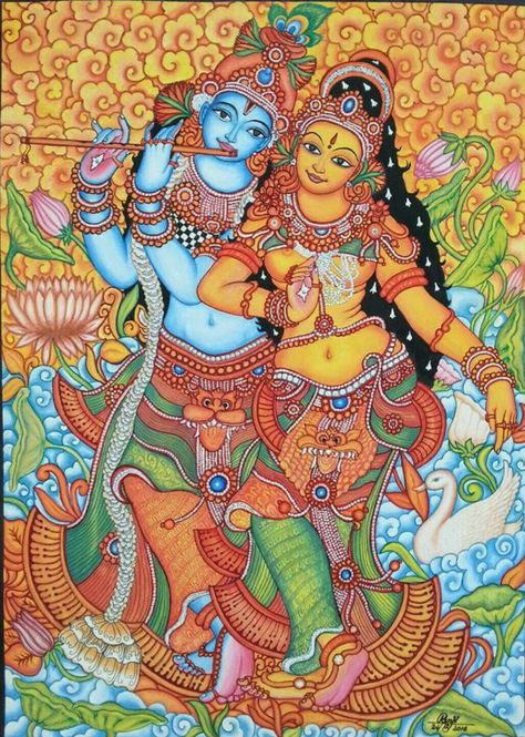 Mural paint Radha Krishna Mural Painting, Kerela Murals Paintings, Indian Traditional Paintings, Mural Art Design, Mural Paintings, Kerala Mural Painting, Kalamkari Painting, Hinduism Art, Vedic Art