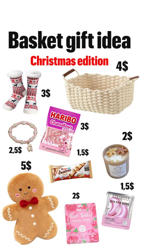 Collage basket gift Christmas 20$ Gift Ideas Under $25 Christmas, Christmas Gifts Under $25 Ideas, Cheap Gift Basket Ideas, Cheap Gift Baskets, Christmas Basket, Cheap Christmas Gifts, Basket Gift, Cheap Christmas, Christmas Gift Basket