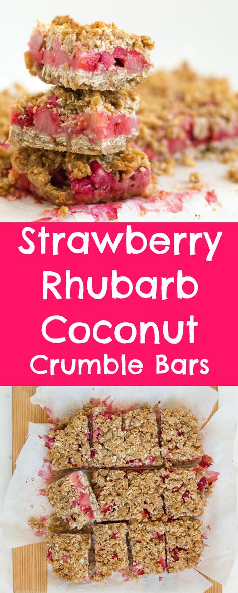 Strawberry Rhubarb Coconut Crumble Bars - Lauren Sharifi Nutrition Peach Blueberry Crisp, Strawberry Rhubarb Sauce, Rhubarb Cookies, Healthy Dessert Recipes Easy, Peach Blueberry, Toasted Oats, Strawberry Season, Crumble Bars, Healthy Sweet Treats