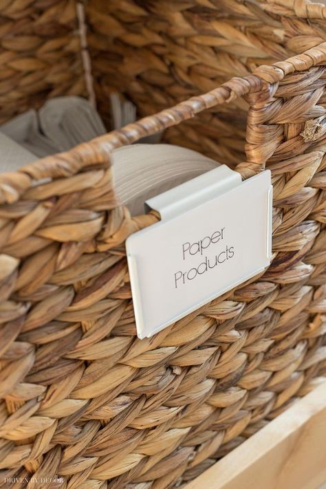 Love these bin labels for baskets in her organized pantry! #labels #pantry #homeorganization Labels For Baskets, Shallow Pantry, Revolving Spice Rack, Pantry Baskets, Pantry Organization Ideas, Basket Labels, Diy Kitchen Table, Vignette Design, Organized Pantry