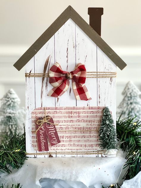 Dollar Tree Wood House Crafts, Dollar Tree Houses, Dollar Tree Christmas Crafts Diy 2023, Rustic Christmas Diy, Elf Christmas Decorations, Christmas Bows Diy, Dollar Tree Christmas Decor, Christmas Wooden Signs, Diy Christmas Village